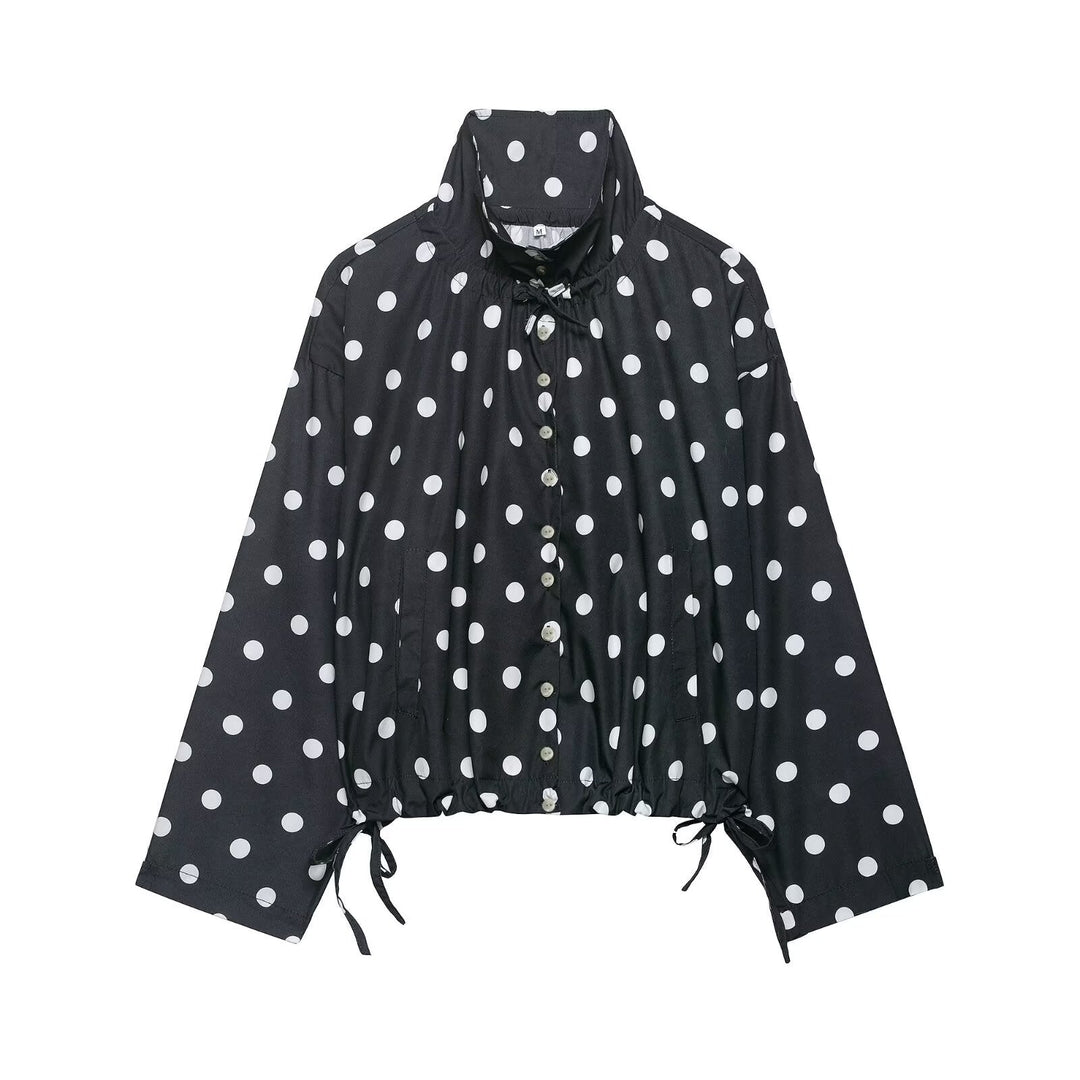 Dam Lätt Oversize Prickig Prick Windbreaker med Stå Krage, Knapp Knäppning och Drawstring