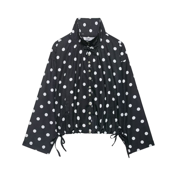Dam Lätt Oversize Prickig Prick Windbreaker med Stå Krage, Knapp Knäppning och Drawstring