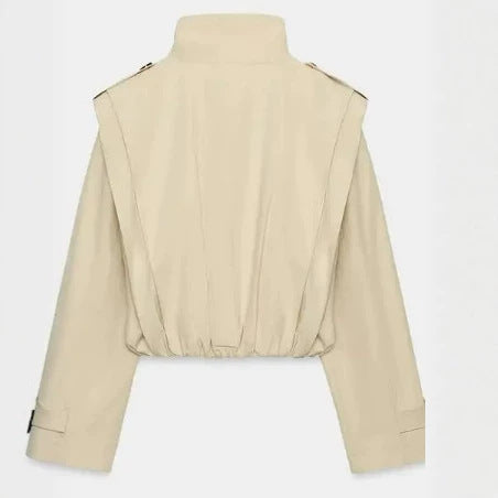 Dam Kort Trenchcoat med Double-Breasted Knapp Knäppning, Hög Stå Krage och Tailored Elastic Waistband
