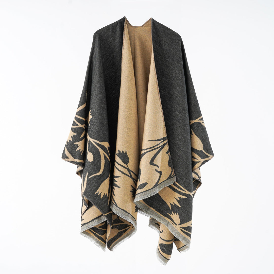 Dam Reversible oversized capeponcho tillverkad av ullblandning med Floral Jacquard Weaving