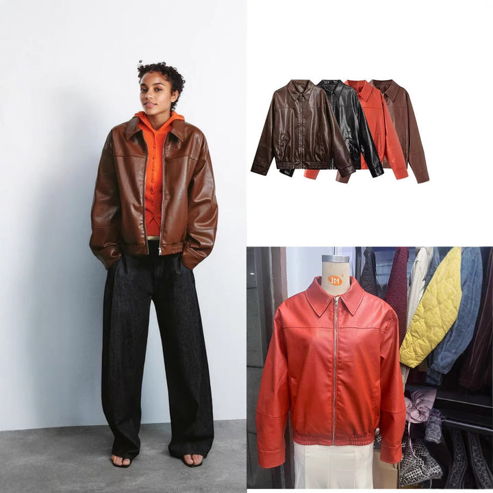 Dam Boxig Konstläder Blouson Jacka med Skjortkrage, Dragkedja och Elastic Fåll