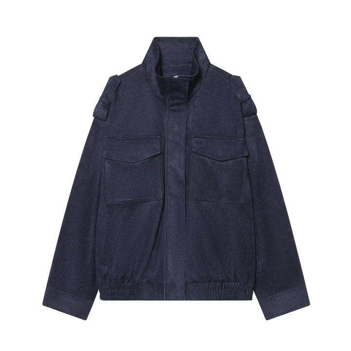 Dam Suede Fältjacka med Stå Krage, Epaulettes, och Patch Chest Fickor