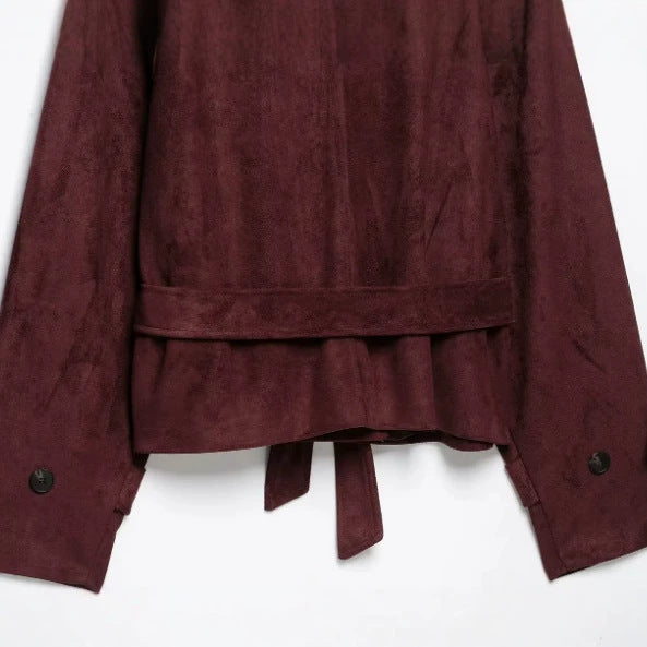 Dam Kort Jacka Tillverkad av Suede Imitation med Hög Stå Krage och Tie Belt