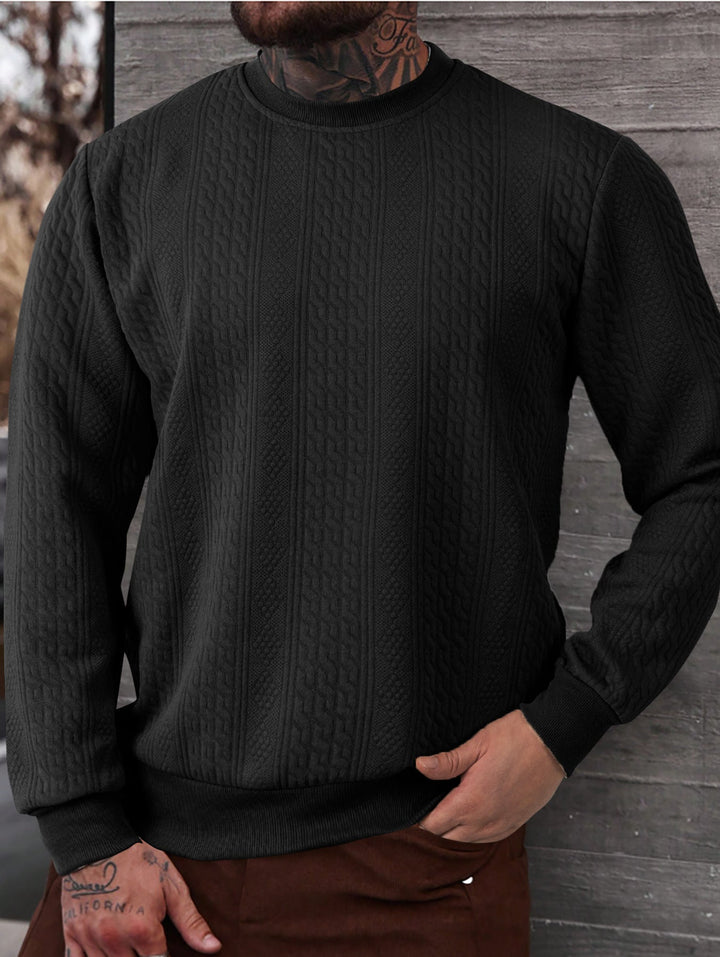Herr Textured Round Neck College-Tröja med Fin Waffle Structure och Ribbstickade Muddar