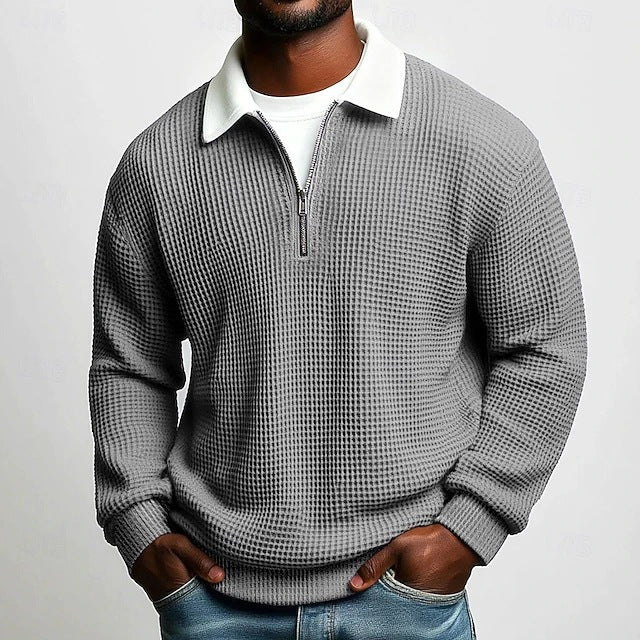 Herr Strukturerad Waffle Stickad Pullover med Polo Krage och Kort Dragkedja