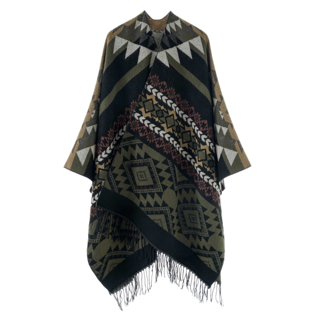 Dam Oversize Jacquard Cape i Ethno Jacquard med Fringing