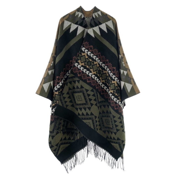 Dam Oversize Jacquard Cape i Ethno Jacquard med Fringing