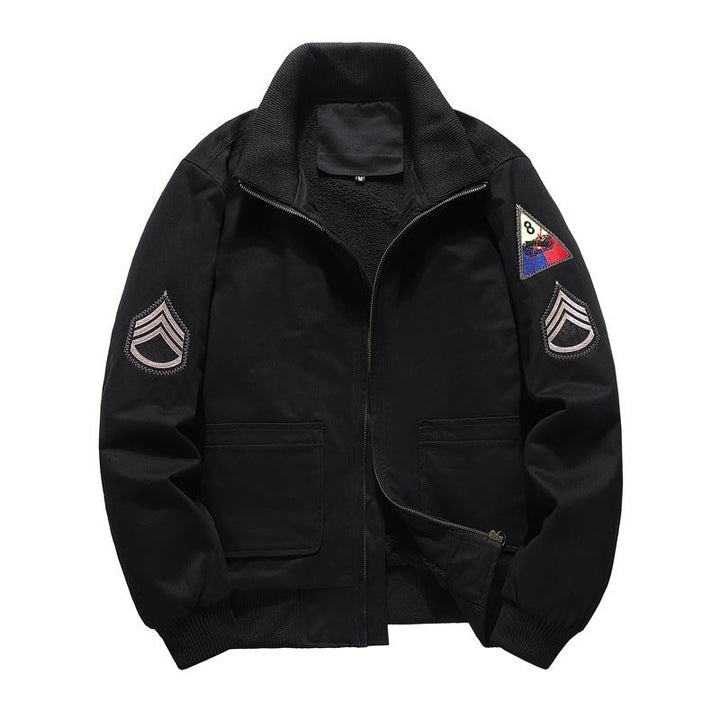 Herr Flight Jacka med Sherpa Foder, Embroidered Patch Detaljer, och Ribbad Fåll