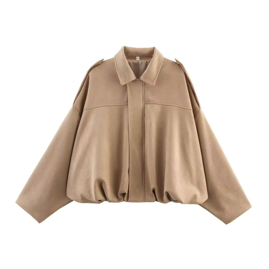Dam Kort Boxig Övergångsjacka i Suede Look med Epaulettes