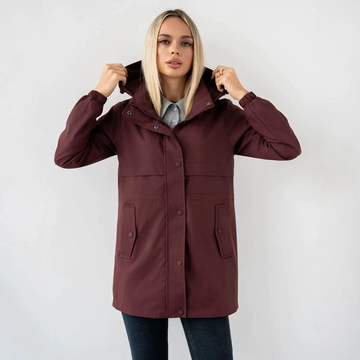 Dam Water-Repellent med Huva Parka med Midja med Dragsko och Utanpåfickor
