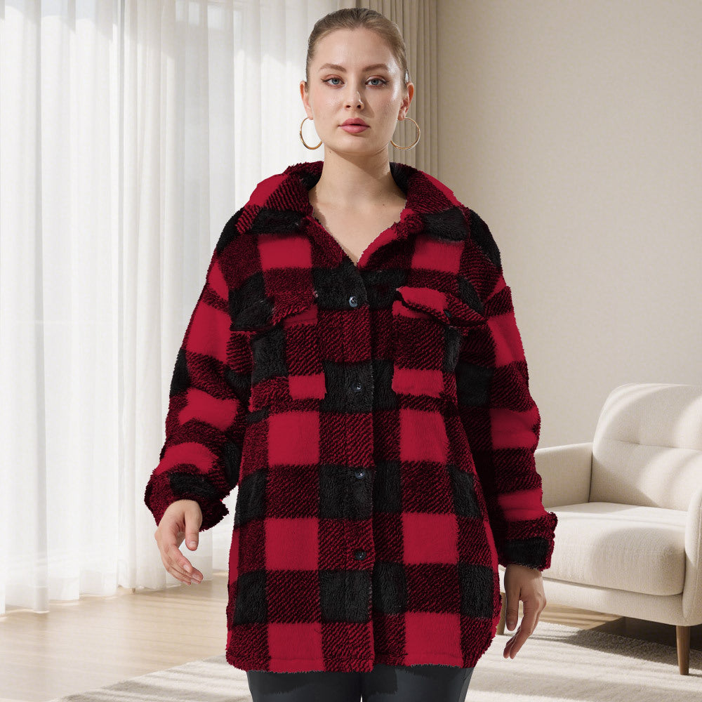Dam oversized Teddy Shirt jacka med Check mönster