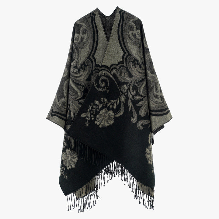 Dam Jacquard poncho Wrap i Baroque mönster med Fringes