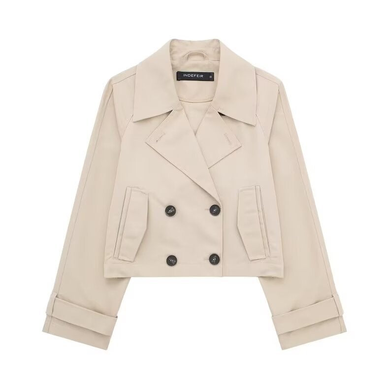 Dam cropped double-breasted trenchcoat med bred lapels och adjustable ärm straps