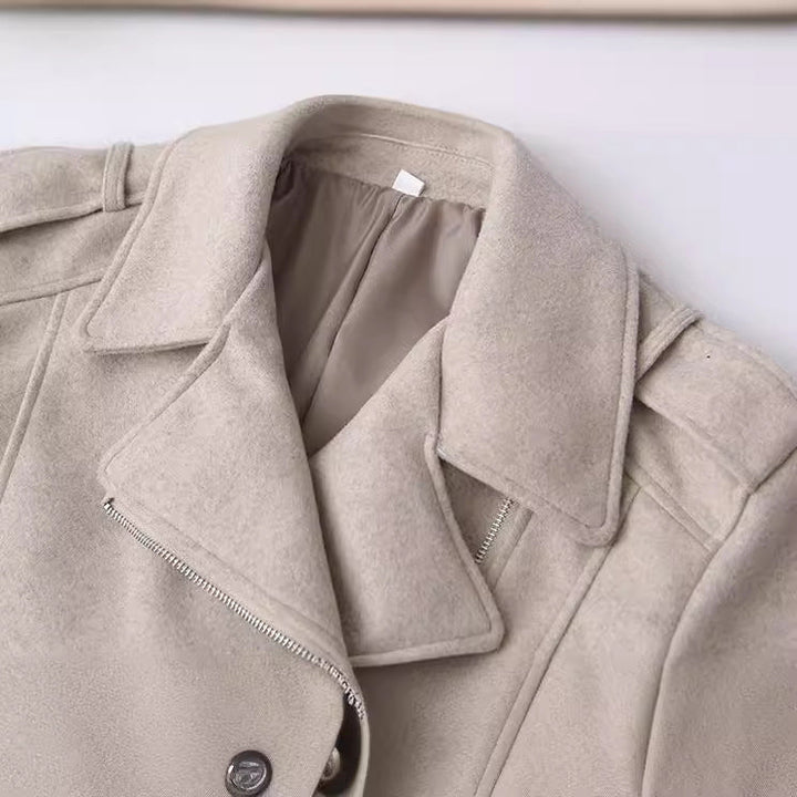 Dam cropped ullblandning bikerjacka med asymmetrisk dragkedja och stor sjalkrage