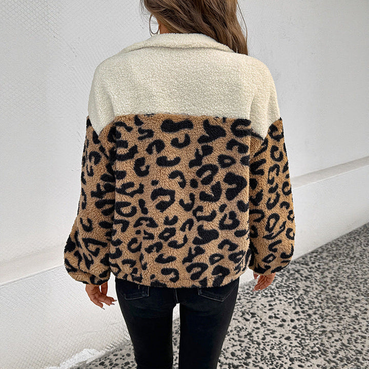 Dam Patterned Teddy Jacka med Leopard Tryck