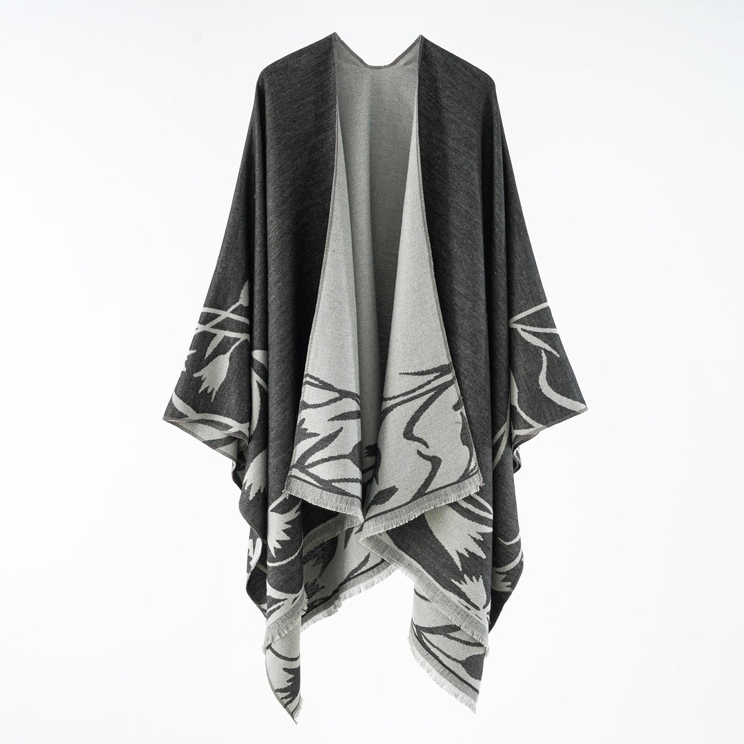 Dam Reversible oversized capeponcho tillverkad av ullblandning med Floral Jacquard Weaving