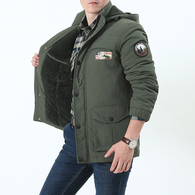 Herr Vindtät med Huva Parka med Teddy Foder, Multiple Fickor och Lapp Detaljer
