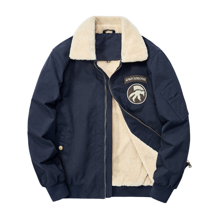 Herr Fleecefodrad Flight Jacka Blouson med Sherpa Krage och Patch Detaljer