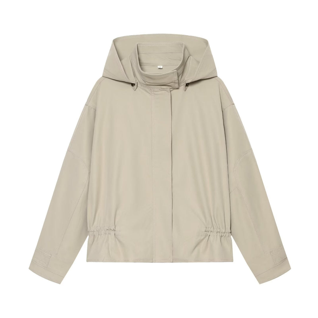 Dam kort parka med huva, dragsko midja och dold fram