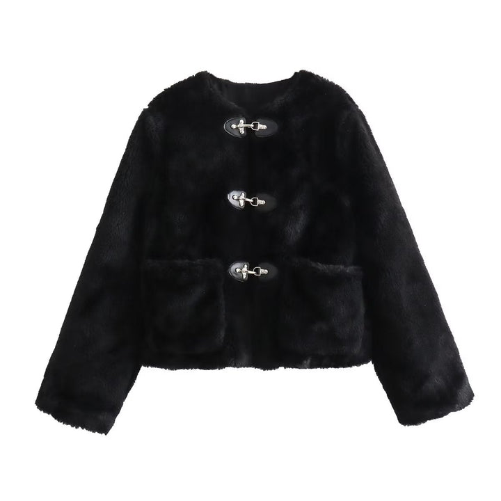 Dam kort skärning teddy jacka med Toggle Fastenings och utanpåfickor