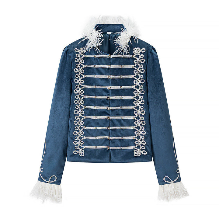 Dam sammet Military jacka med dekorativ Straps och Feather Trim