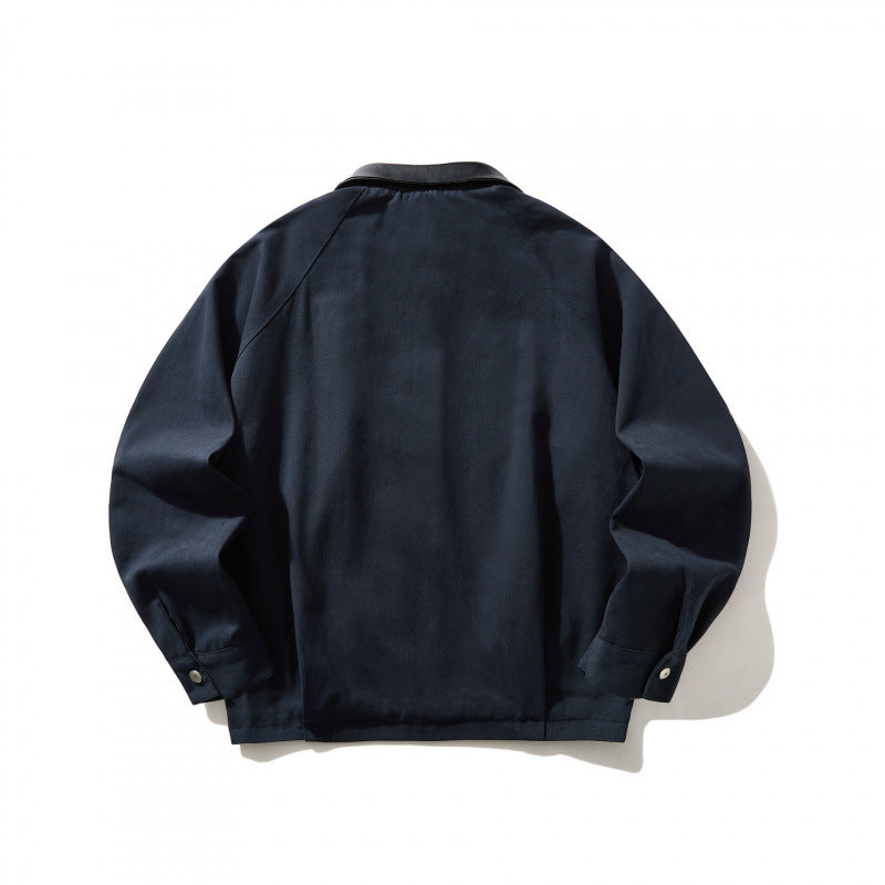 Herr short-cut canvas jacka med imitation läder krage och elastisk fåll