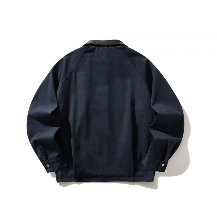 Herr short-cut canvas jacka med imitation läder krage och elastisk fåll