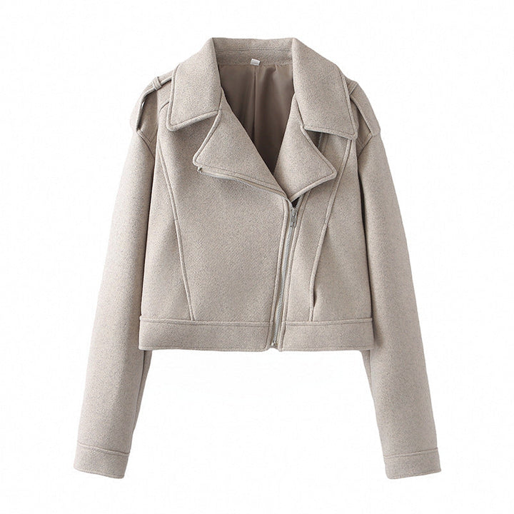 Dam cropped ullblandning bikerjacka med asymmetrisk dragkedja och stor sjalkrage