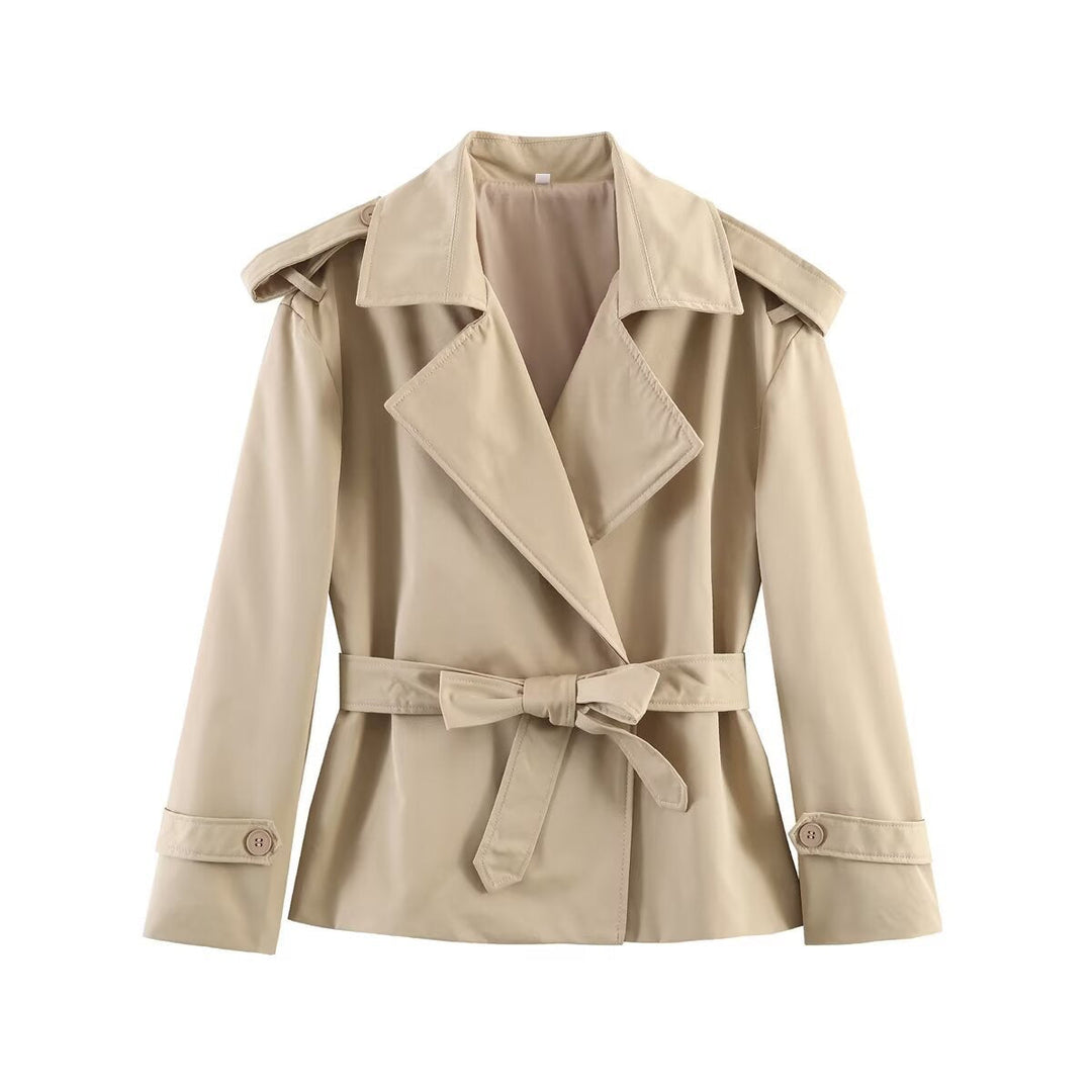 Dam Kort Trenchcoat med Waist Belt, Double-Breasted Front och Shoulder Flaps