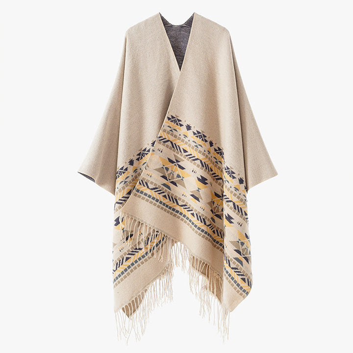 Dam V-krage Wrap poncho i kimono stil med Ethno kant och fransfåll