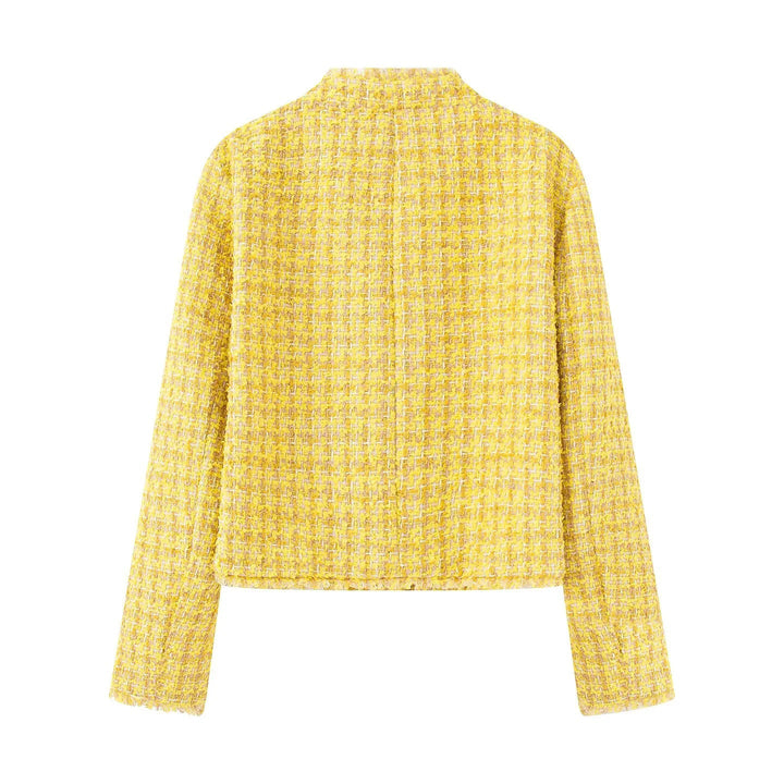 Dam kort bouclé tweed jacka med golden decorative knappar, påsydda fickor, och fringe kant