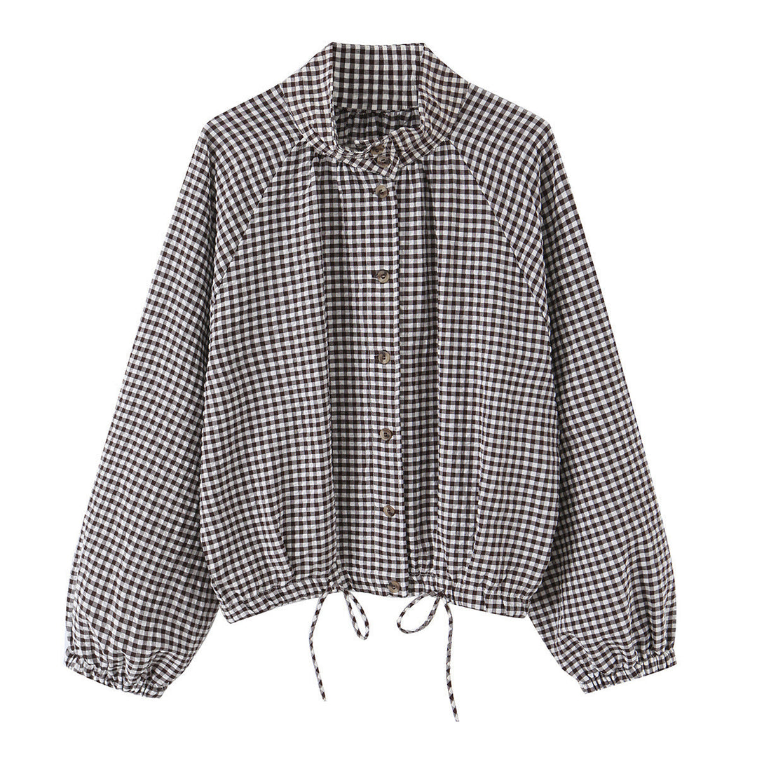 Dam Rutig Gingham Blouson med Drawstring Nederkant, Raglan Ärmar och Stå Krage