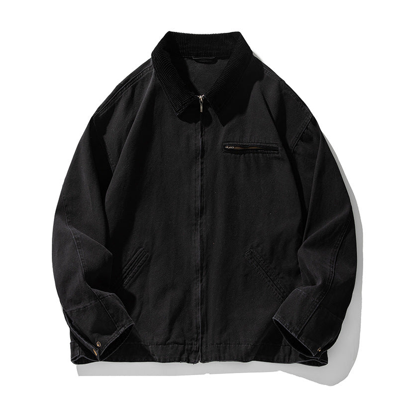 Unisex Boxig Canvas Skjortjacka Jacka med Cord Krage och Chest Dragkedja Ficka