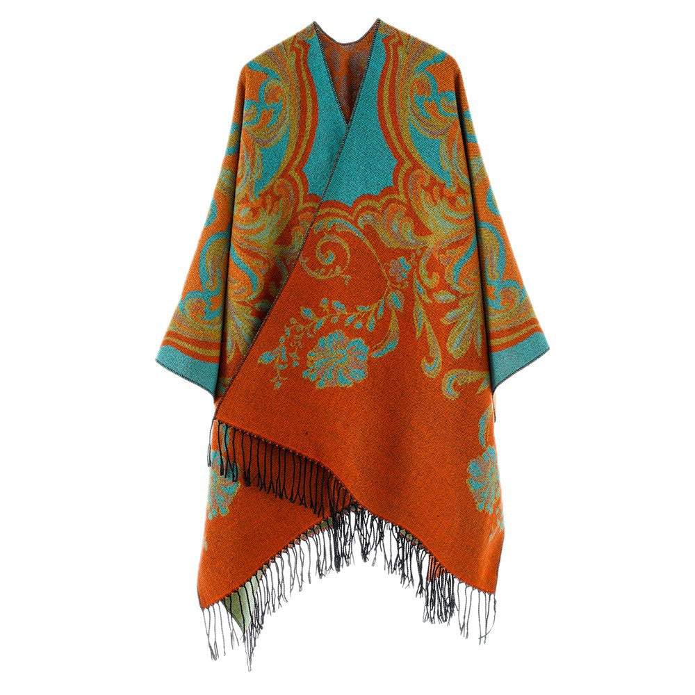 Dam Jacquard poncho Wrap i Baroque mönster med Fringes