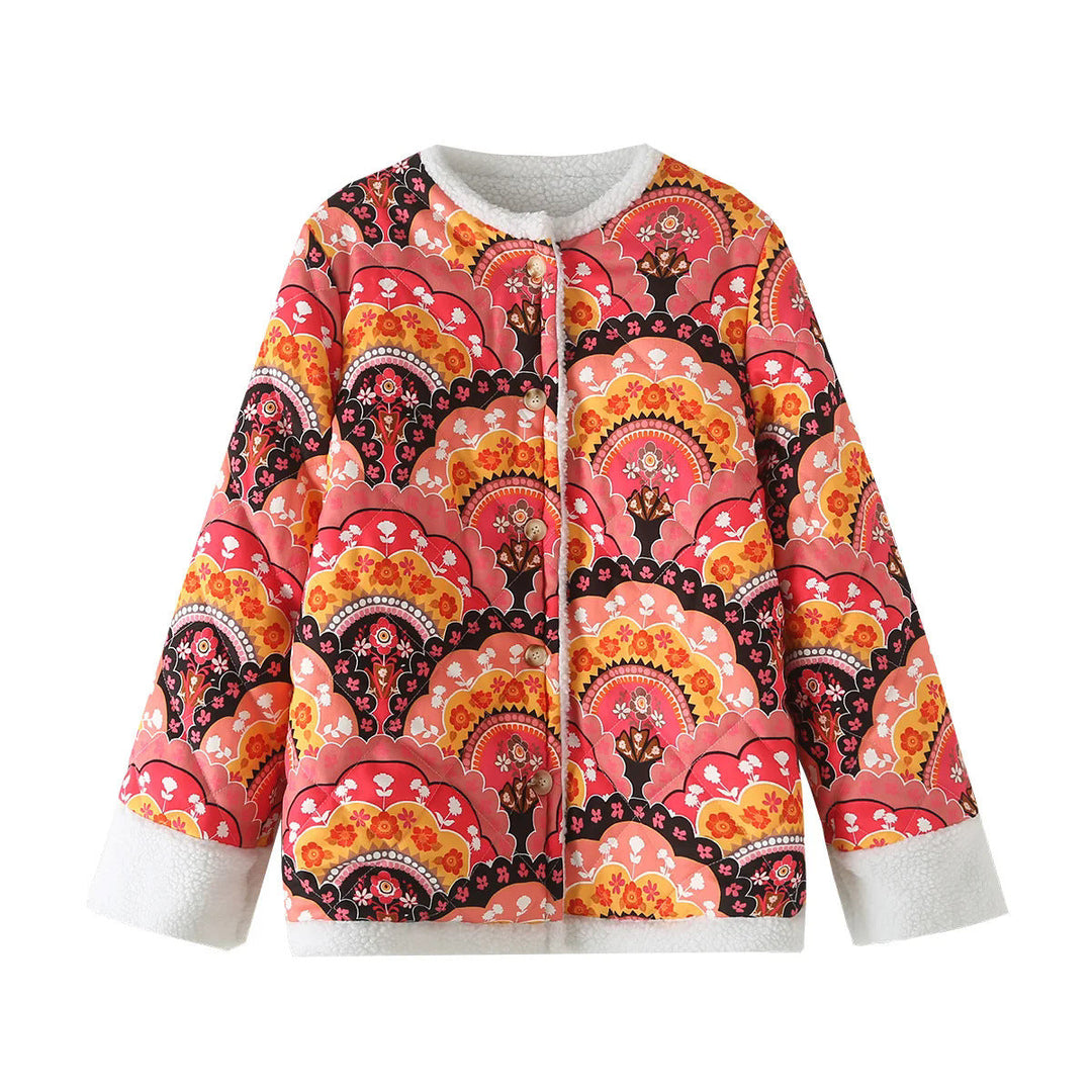 Dam quiltad kort jacka med teddy foder, rund hals och button closure
