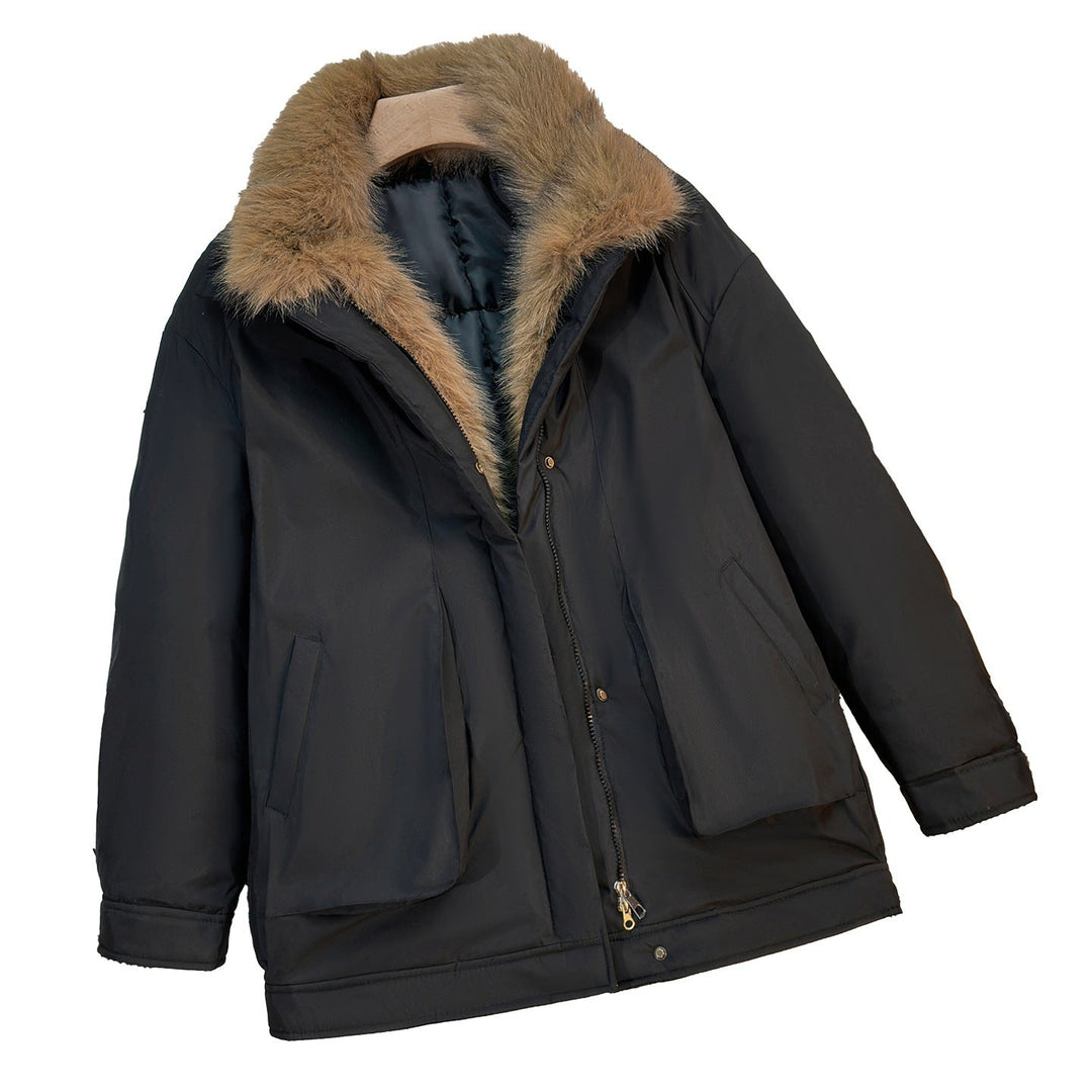 Dam mid-length vindtät vinter parka med detachable fuskpälskrage, vadderad inner flap och asymmetrical fåll