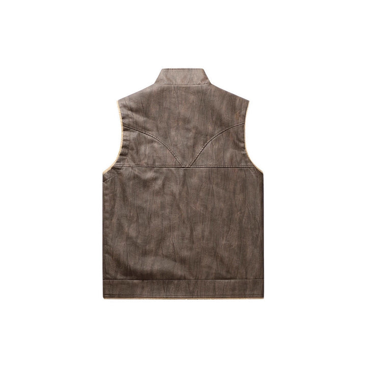 Herr Sleeveless Konstläder Teddy Väst med Ståkrage och Dragkedjefickor