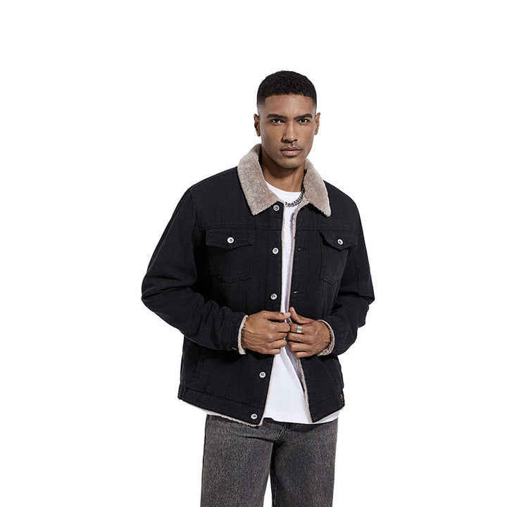 Herr Robust Denim Trucker Jacka med Sherpa Foder och Teddy Krage