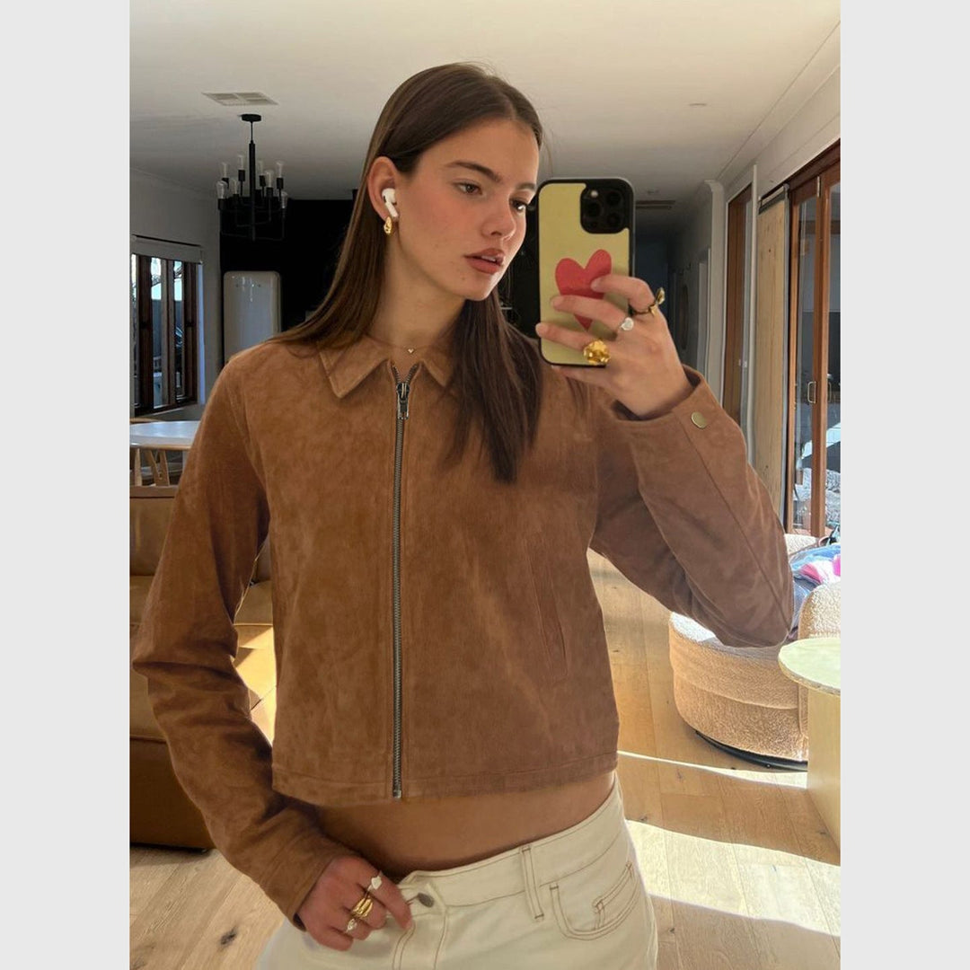 Dam kort-skärning mockalook blousonjacka med skjortkrage och dragkedja