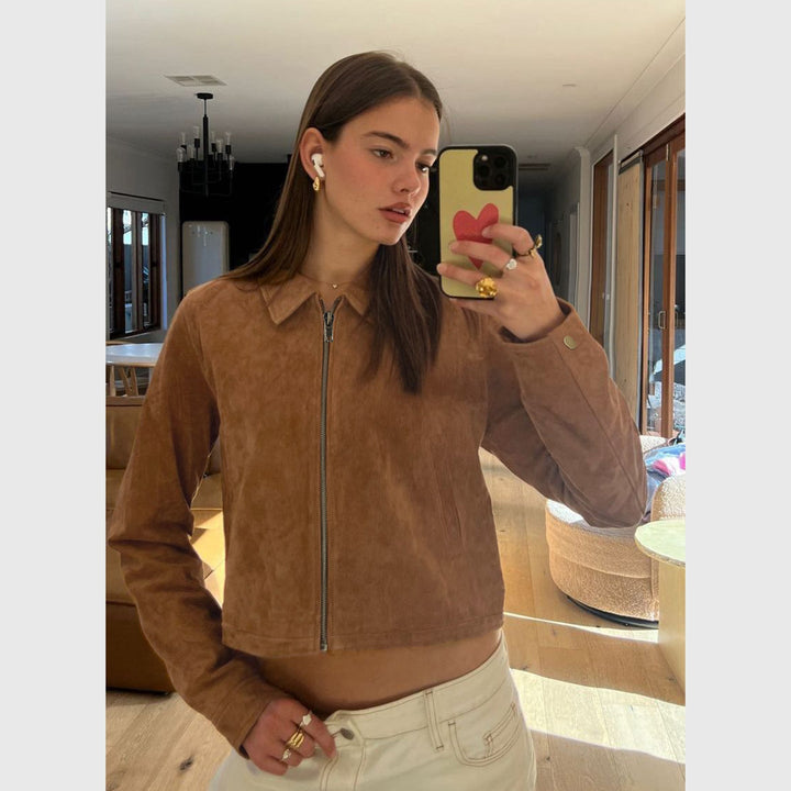 Dam kort-skärning mockalook blousonjacka med skjortkrage och dragkedja