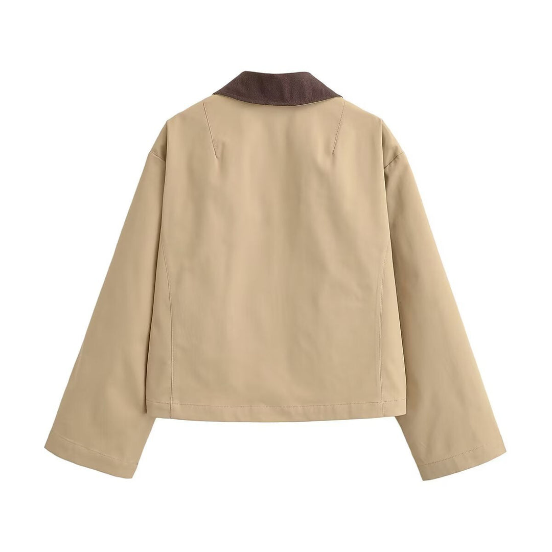Dam Kort Skärning Blouson Jacka med Contrast Krage och Avslappnad Boxig Silhuett