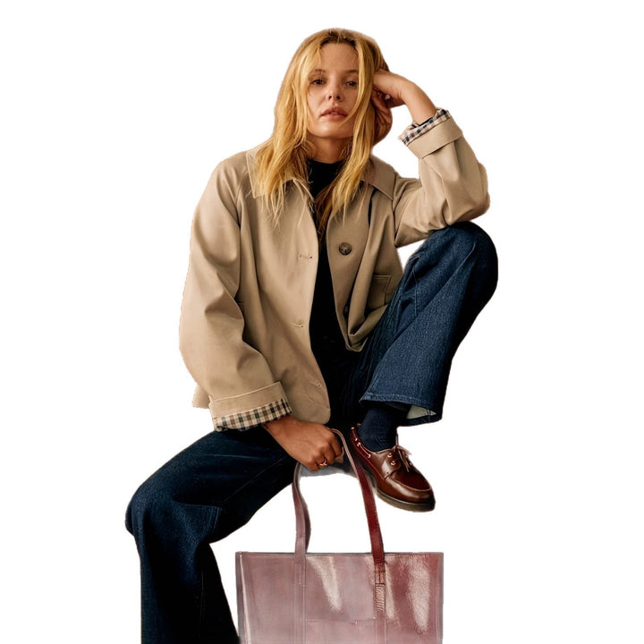 Dam Boxy kort kappa med oversize Lapels och rutig muddar