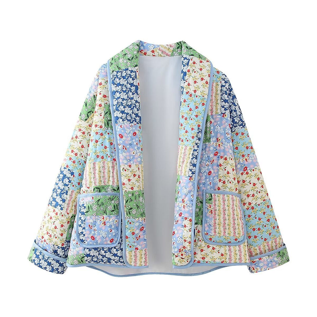 Dam non-quiltad patchwork quilt jacka med lapel krage och påsydda fickor