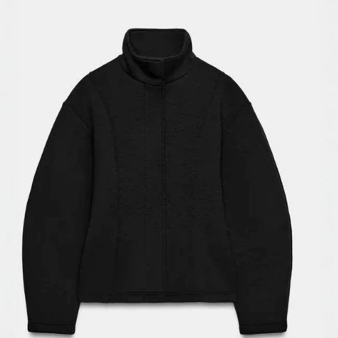 Dam Kort Boxig Fleecejacka med Stå Krage, Vertical Textured Seams, och Dold Dragkedja