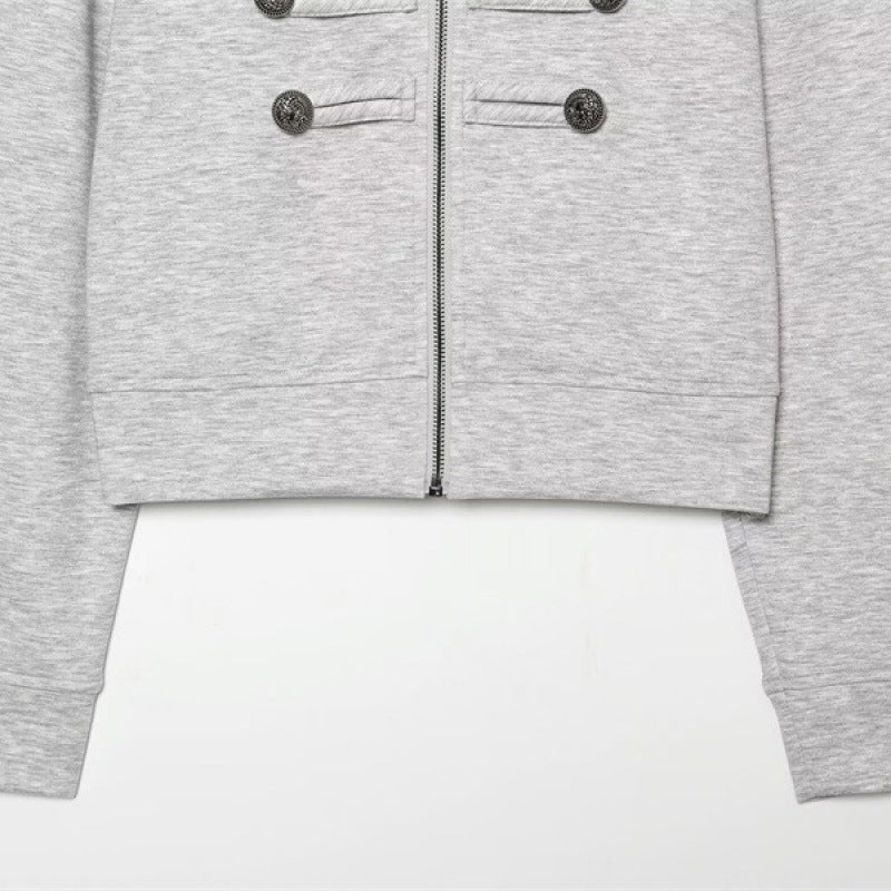 Dam Kort Sweat Jacka i Militär Stil med Ståkrage och Decorative Knapp Detaljer