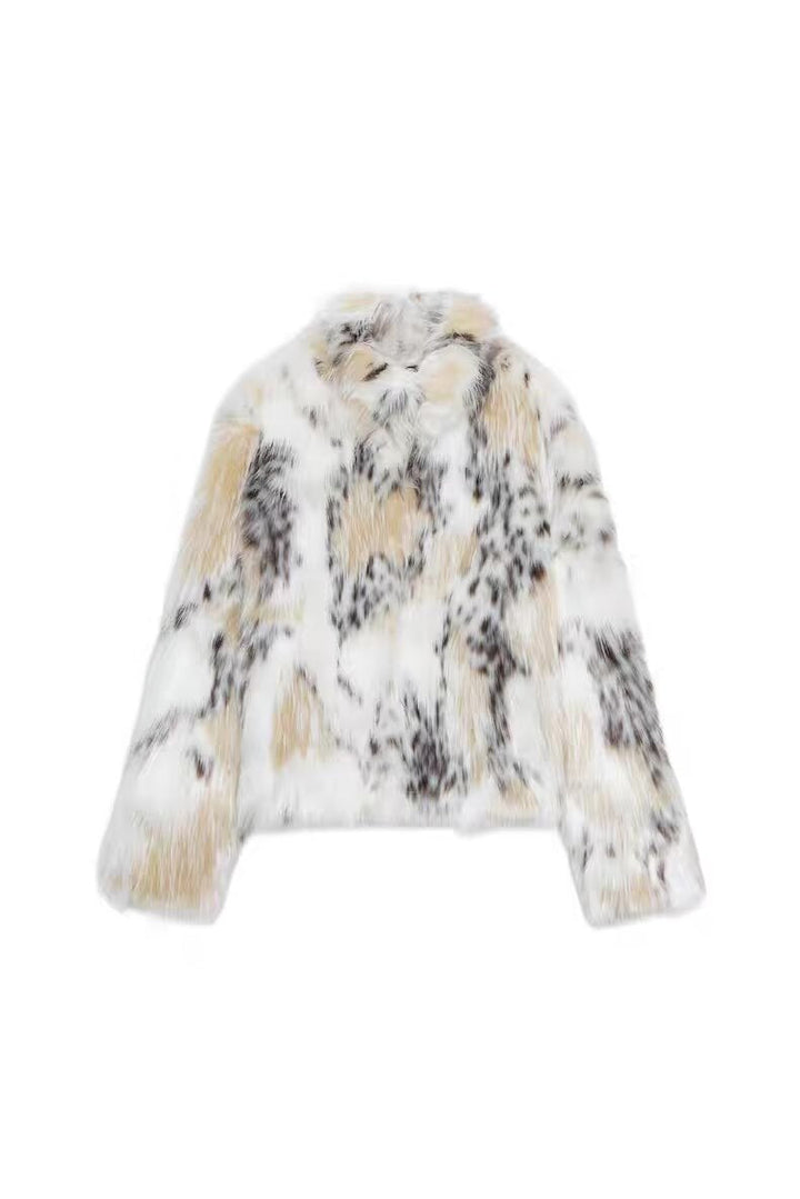 Dam Kort Konstpäls Jacka med Multicolored Spot Design och Ståkrage