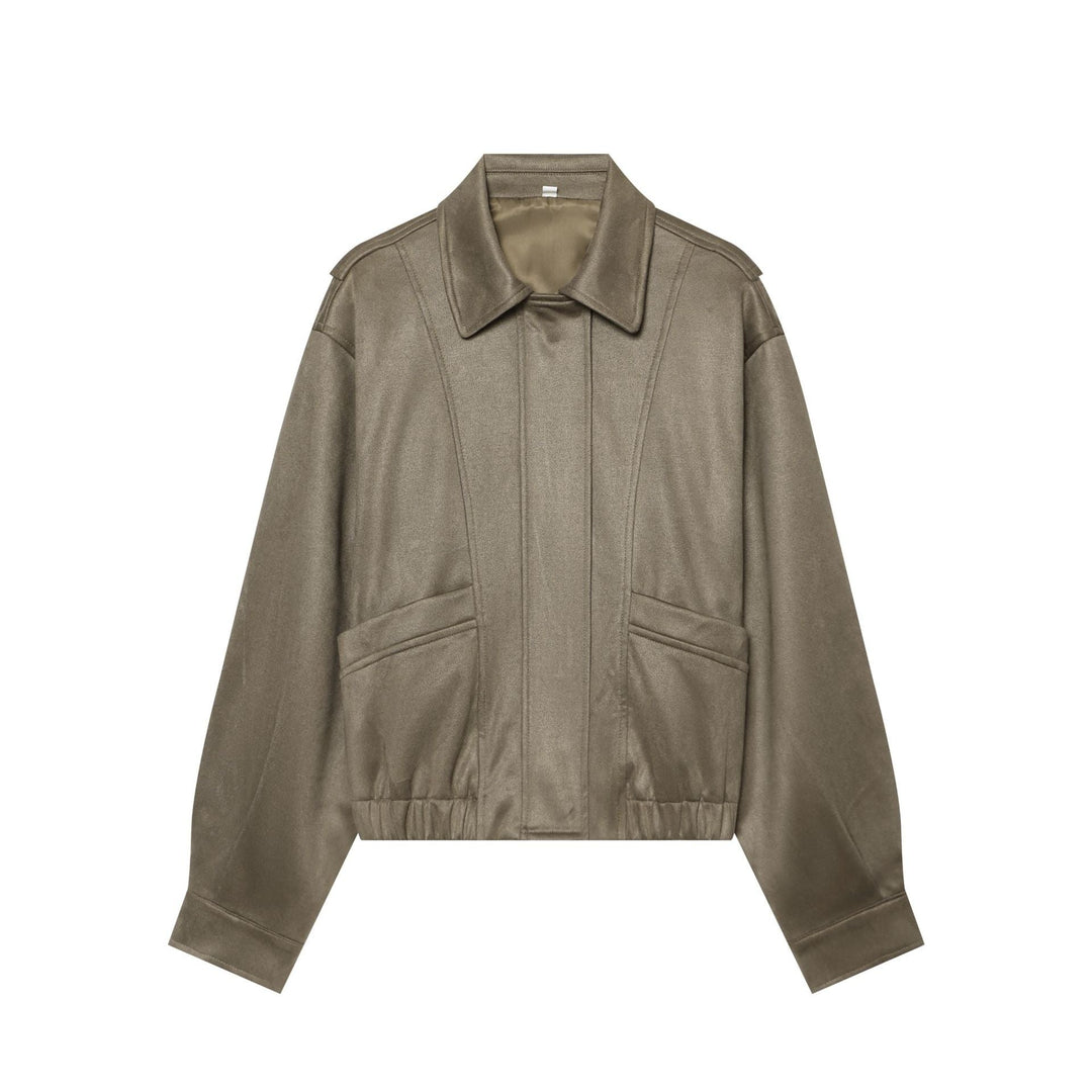 Dam Kort Blouson Jacka i Velour Look med Skjort Krage, Patch Fickor och Waist-Cinching Elastic