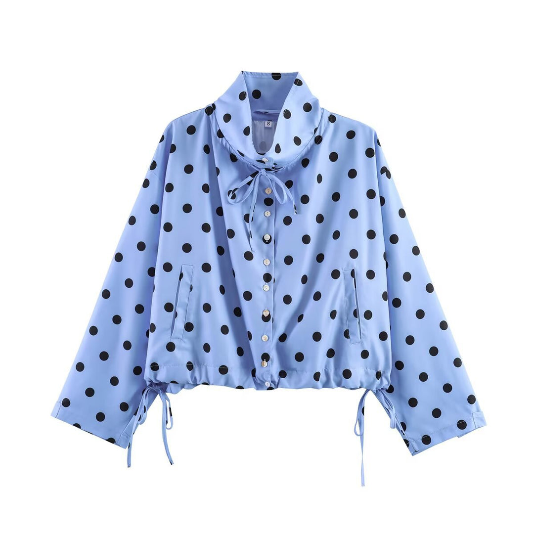Dam kort Polka Dot Transition jacka med ståkrage, fåll med dragsko och knappslå