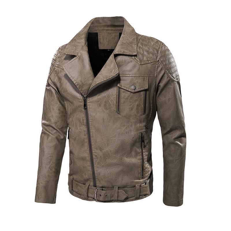Herr Konstläder Biker Jacka med Axel Quilting, Asymmetric Dragkedja, och Justerbar Belted Midja