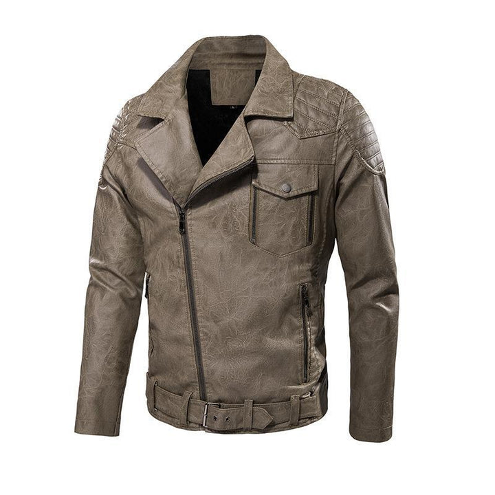 Herr Konstläder Biker Jacka med Axel Quilting, Asymmetric Dragkedja, och Justerbar Belted Midja